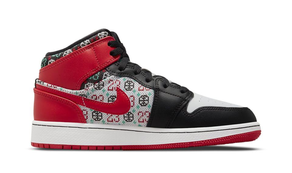 The medial side of the Air Jordan 1 Mid “Ugly Christmas Sweater.” - Credit: Courtesy of Nike