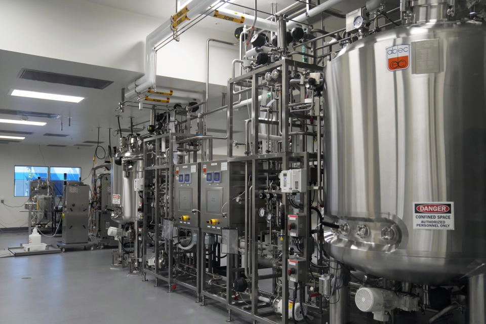 Machines are shown in the bioreactor suite at Eat Just in Alameda, Calif., Wednesday, June 14, 2023. The Agriculture Department issued final approvals Wednesday, June 21 to California firms Upside Foods and Good Meat to sell the products, known as “lab grown” or “cultivated” meat. (AP Photo/Jeff Chiu)