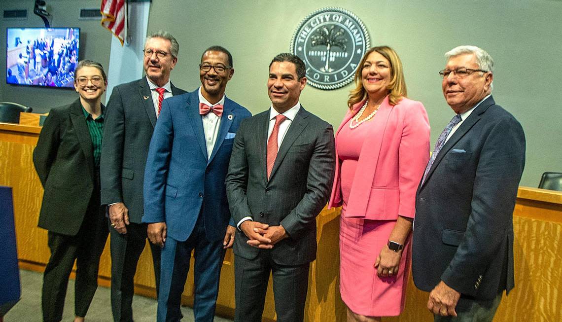 From left: Dr. Bridgette Cram, an interim vice president at Florida International University; Jeffrey Duerk, provost, University of Miami; Dr. Jaffus Hardrick, president, Florida Memorial University; Miami Mayor Francis Suarez; Madeline Pumariega, president, Miami Dade College; and Miami Commissioner Manolo Reyes after the announcement of a partnership between the city, the Miami Foundation, Citadel CEO Ken Griffin and the universities to launch the Venture Miami Scholarship Program. The scholarship will provide tuition support for in-need Miami high school graduates who have been accepted into STEM programs at participating colleges and universities. The announcement took place at Miami City Hall, on Wednesday, Oct. 12, 2022.