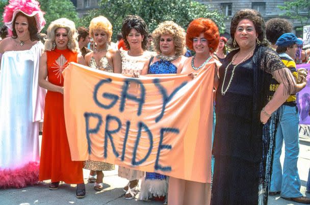 PHOTO: View of female impersonators at gay pride rally, Copley Square, Boston, 1977.  (Spencer Grant/Getty Images)