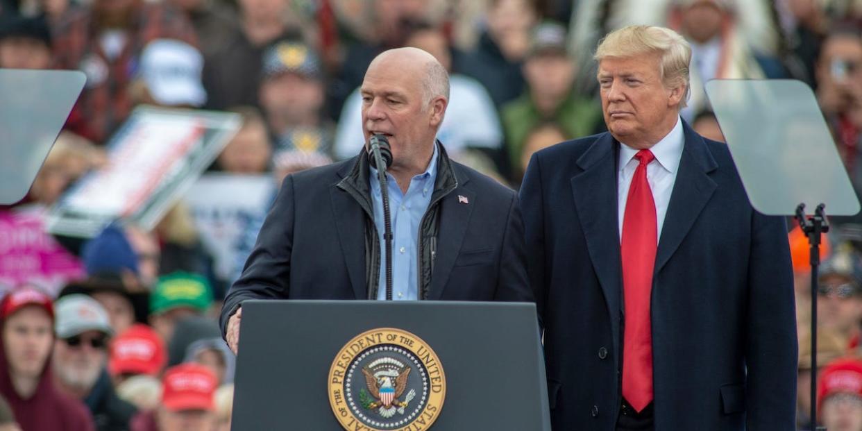 Rep. Greg Gianforte (R-MT) joins President Donald Trump at a "Make America Great Again" rally at the Bozeman Yellowstone International Airport on November 3, 2018 in Belgrade, Montana.