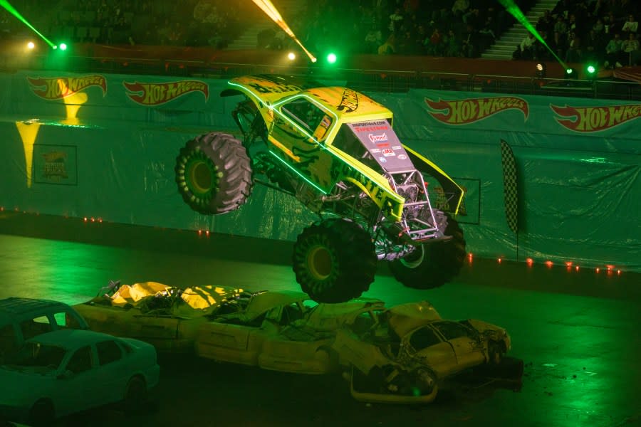 Monster Truck Gunkster driven by Darron Schnell doing stunts during Hot Wheels Monster Trucks Live Glow Party at Wizink on March 04, 2023 in Madrid, Spain.