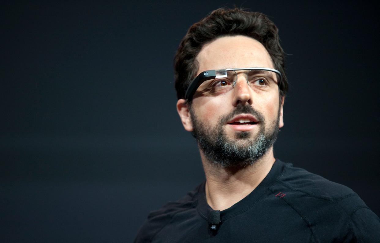 Google co-founder Sergey Brin wearing a Google Glass augmented reality device