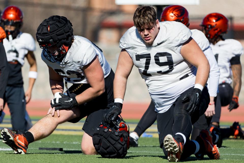 Oregon State football players stretch at practice at the Eastwood High School on Tuesday, Dec. 26, 2023, as they prepare for the Tony the Tiger Sun Bowl against Norte Dame.