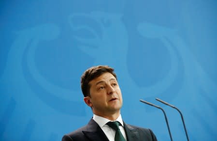 FILE PHOTO: German Chancellor Merkel and Ukrainian President Zelenskiy at the Chancellery in Berlin