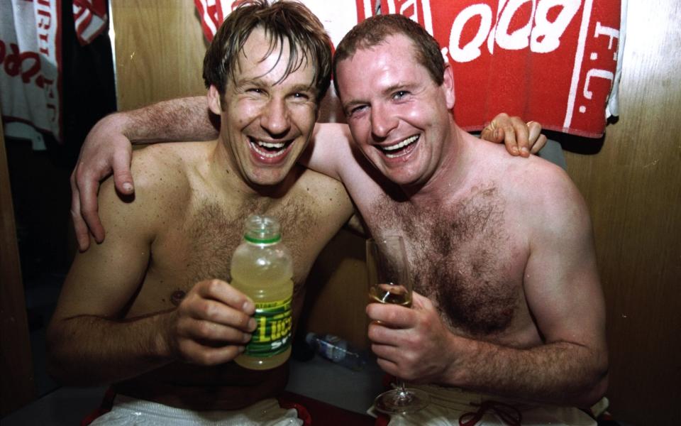 Paul Merson and Paul Gascoigne are all smiles after Middlesbrough's promotion to the Premier League in 1998 - GETTY IMAGES