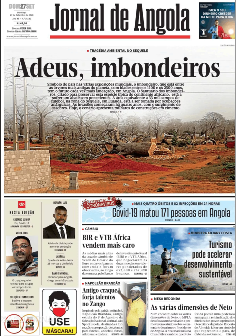 Une du Jornal de Angola, Luanda, le 27 septembre 2020. 