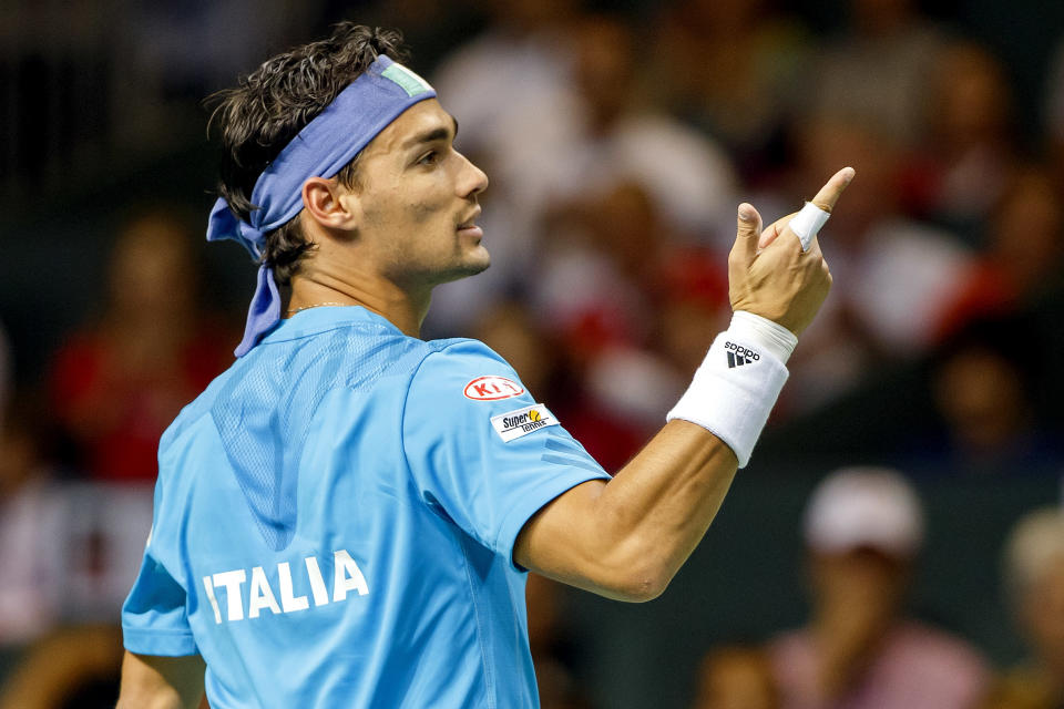 Fabio Fognini was up to his usual during a Davis Cup singles match against Stan Wawrinka and Switzerland Friday. (AP Photo/ Keystone, Salvatore Di Nolfi)