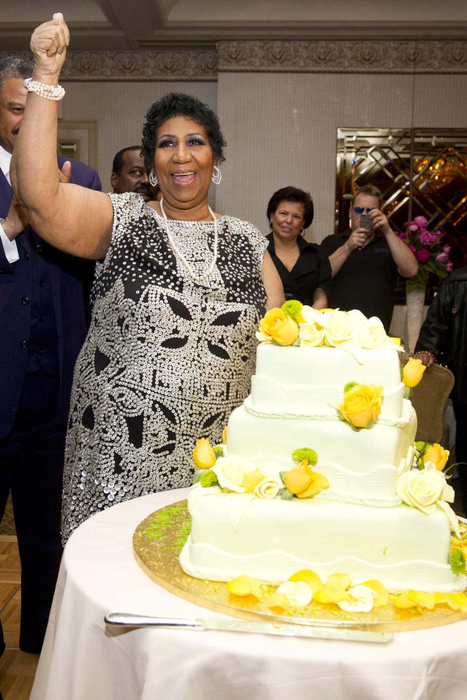 Aretha Franklin attends her seventieth birthday party in New York, Saturday, March 24, 2012. (AP Photo/Charles Sykes)