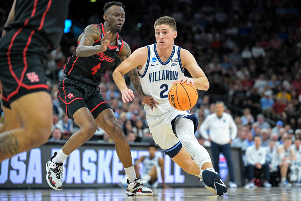 Villanova's Collin Gillespie dribbles the ball during the Elite Eight round of the 2022 NCAA men's tournament on March 26, 2022 in San Antonio, Texas. (Andrew Hancock/NCAA Photos via Getty Images)