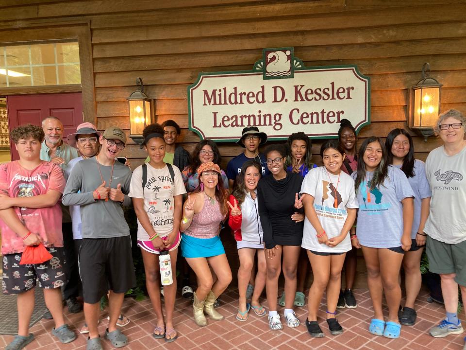 On the final day of Georgia Paddle 2023, students, chaperones and writer pose for one last picture in front of the dining hall at New Ebenezer Retreat Center in Rincon, Georgia.