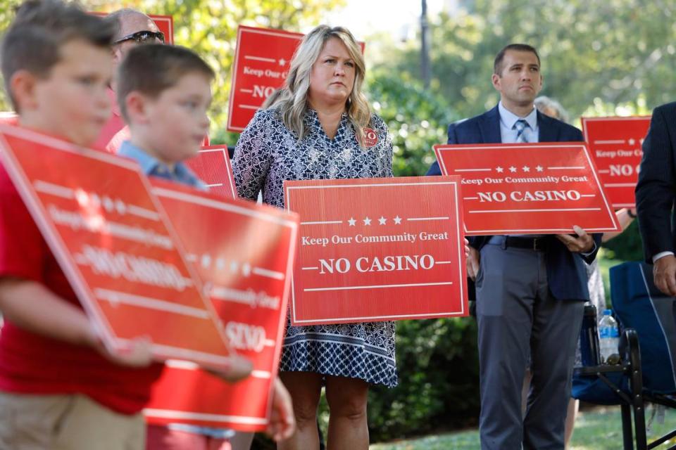 Joni Robbins of Nashville, N.C., listens during a press conference outside the N.C. Legislative building Tuesday, Sept. 5, 2023. A group of local residents from Rockingham and Nash counties, two of the four counties that could host new casinos if the Republican proposal advances this session, spoke out against the plan during a press conference outside the Legislative Building, just hours before the House Republican Caucus planned to meet to discuss the idea.