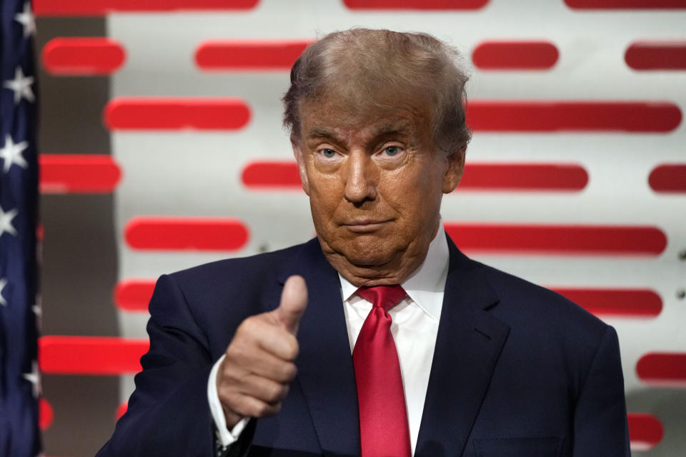 Former President Donald Trump gesture to the crowd before his speech at the California Republican Party Convention Friday, Sept. 29, 2023, in Anaheim, Calif. (AP Photo/Jae C. Hong)