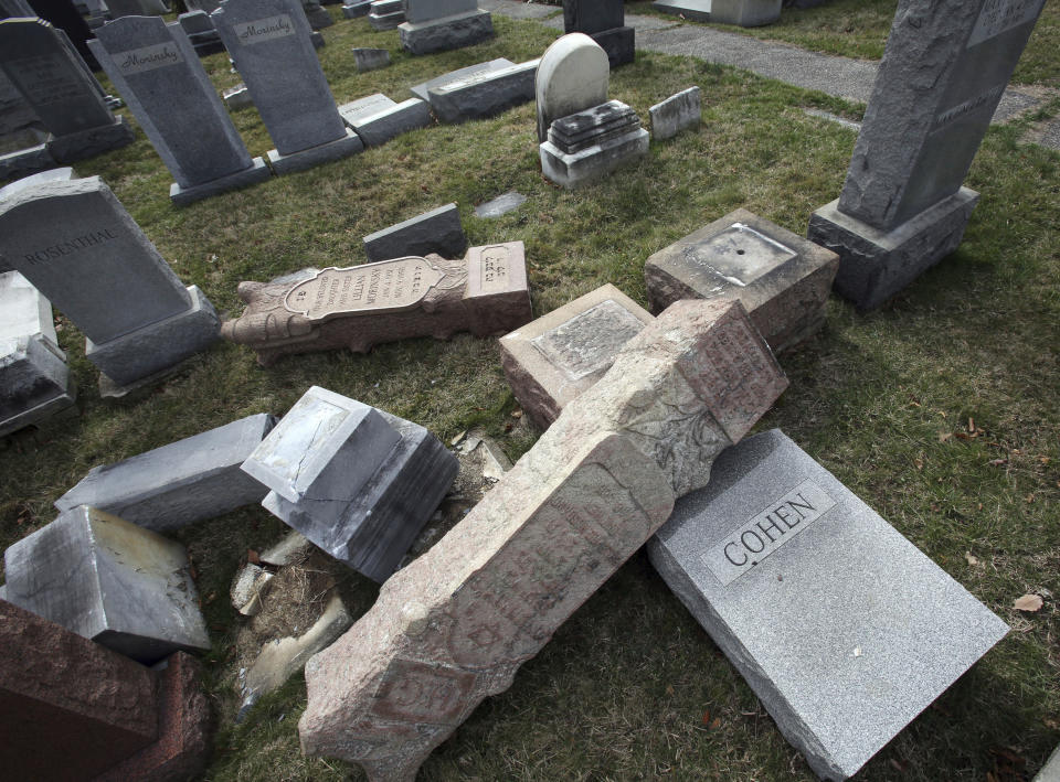 Toppled and damaged headstones rest on the ground at Mount Carmel Cemetery in Philadelphia, Feb. 27, 2017. The Anti-Defamation League found an increase in cases of anti-Semitic intimidation and vandalism in 2016, evidence that anti-Jewish bias intensified during the election. (Photo: Jacqueline Larma/AP)