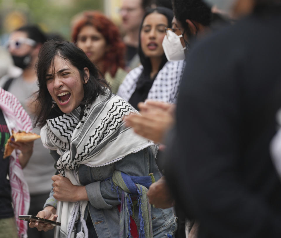 Pro-Palestinian supporters gather outside Harris County Jail after two people were arrested following a pro-Palestinian encampment on University of Houston campus on Wednesday, May 8, 2024 in Houston. (Elizabeth Conley/Houston Chronicle via AP)