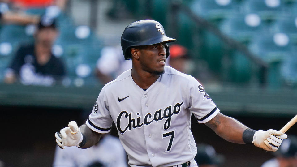 Chicago White Sox's Tim Anderson waits for a pitch from the Baltimore Orioles during the first inning of a baseball game, Friday, July 9, 2021, in Baltimore. (AP Photo/Julio Cortez)