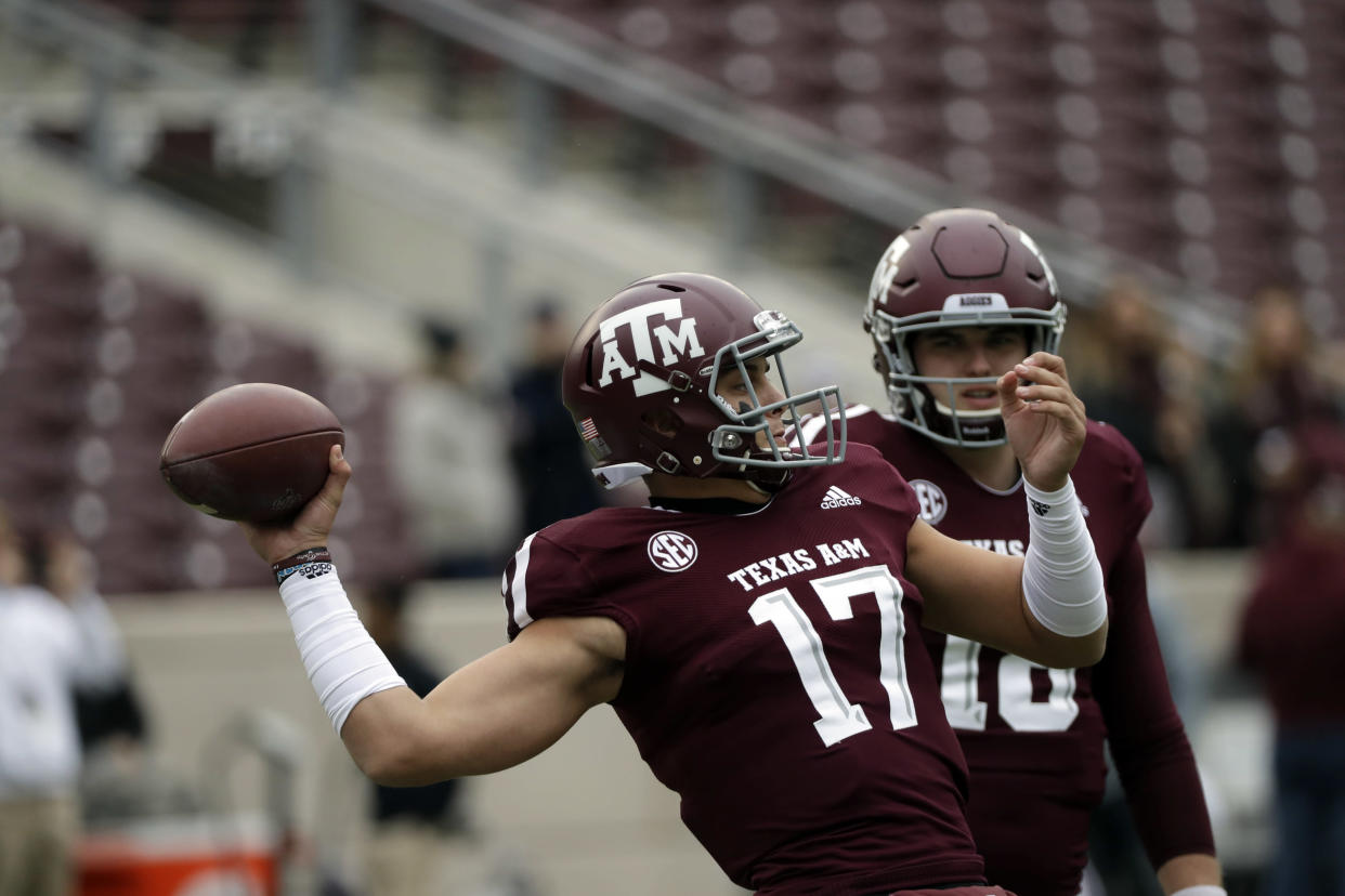 Texas A&M quarterback Nick Starkel (17) warms up before an NCAA college football game Saturday, Nov. 10, 2018, in College Station, Texas. (AP Photo/David J. Phillip)