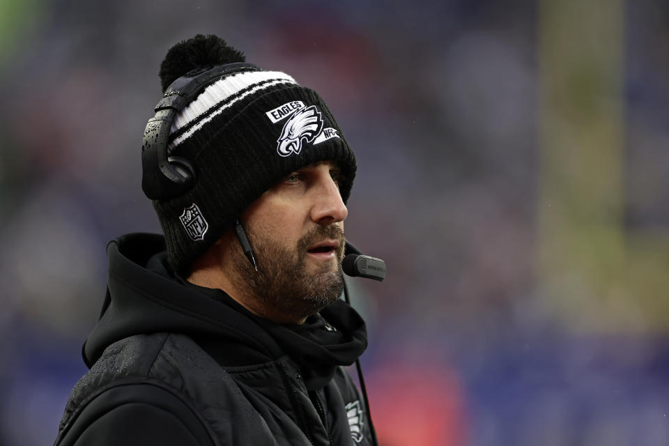 Head coach Nick Sirianni and the Eagles can win the NFC East and clinch home-field in the playoffs with a win over the Giants. (AP Photo/Adam Hunger)