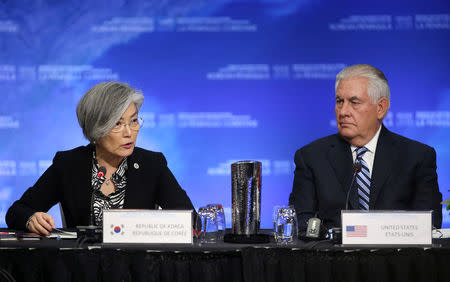 U.S. Secretary of State Rex Tillerson talks with South Korean Minister of Foreign Affairs Kang Kyung-wha during the Foreign Ministers’ Meeting on Security and Stability on the Korean Peninsula in Vancouver, British Columbia, Canada, January 16, 2018. REUTERS/Ben Nelms