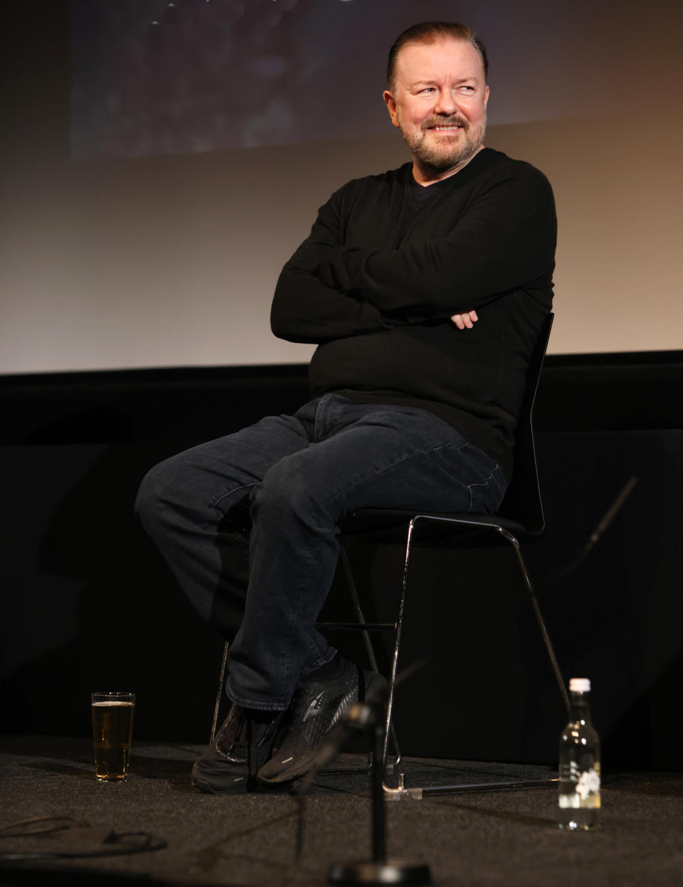 <p>Ricky Gervais talks up season 3 of Netflix's <em>After Life </em>at the BFI Southbank on Jan. 6 in London.</p>