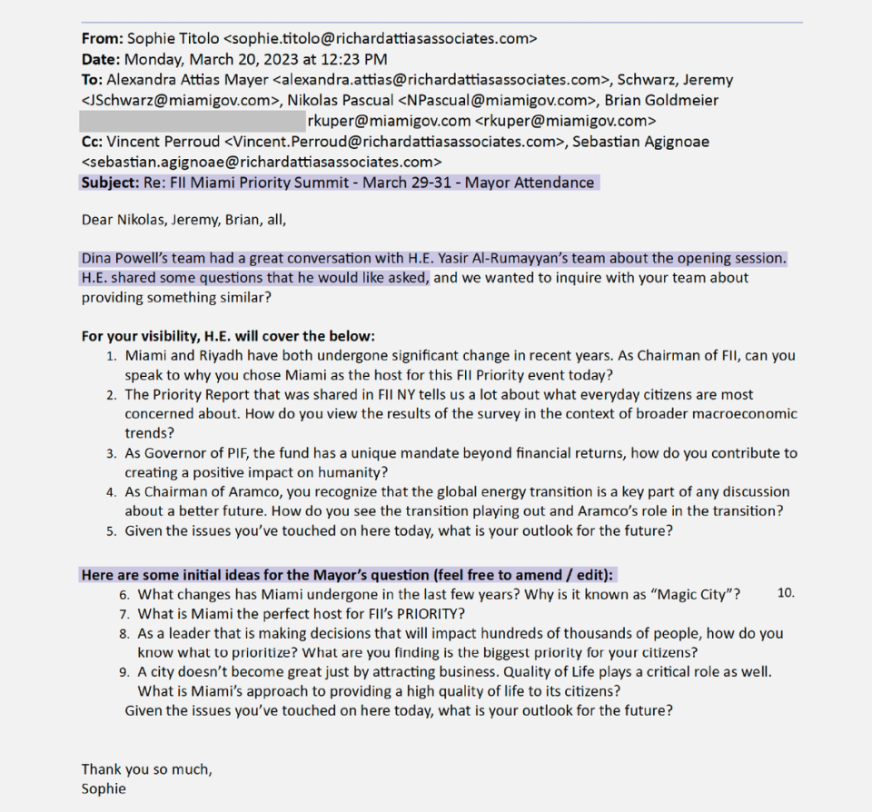 An email from the office of Richard Attias, CEO of the Future Investment Initiative Institute, to Suarez’s staff members and campaign consultant. 