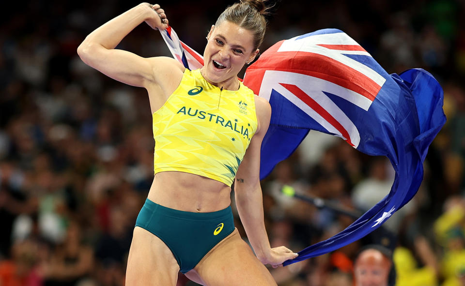 Nina Kennedy celebrates after clinching Australia's 18th gold medal of the Paris Olympics. (Photo by Cameron Spencer/Getty Images)