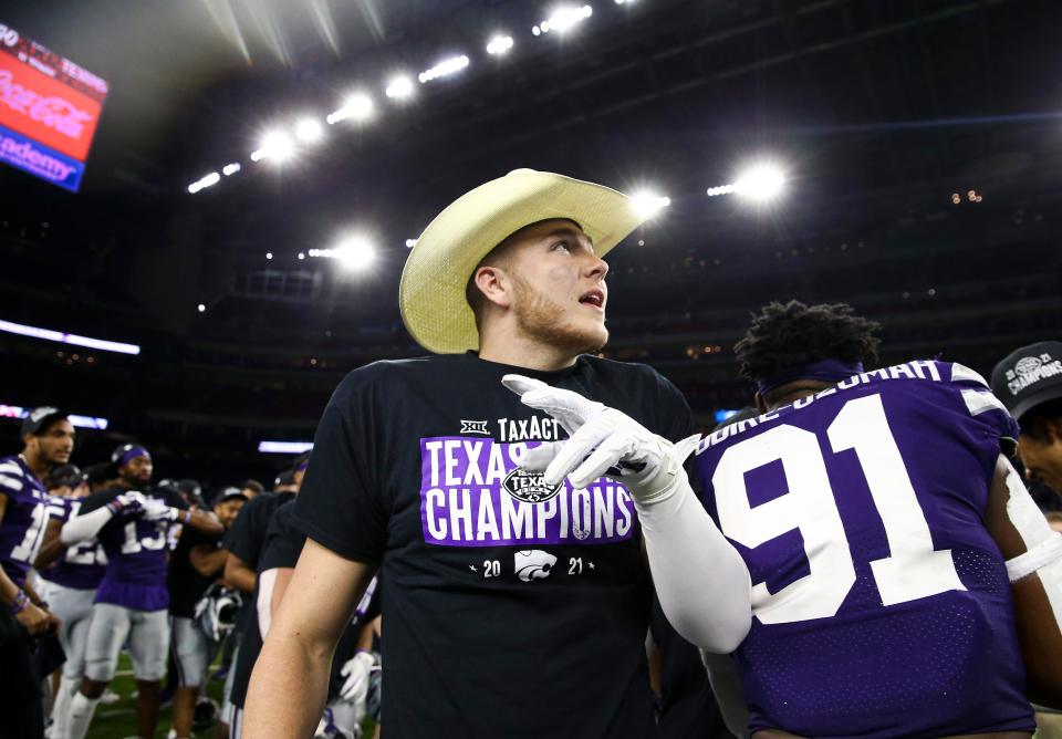 Kansas State tight end Konner Fox celebrates the Wildcats' win over LSU in last year's Texas Bowl at NRG Stadium in Houston on Jan. 4, 2022. Fox played four seasons with Kansas State but had only two career catches. He has transferred to Texas State.