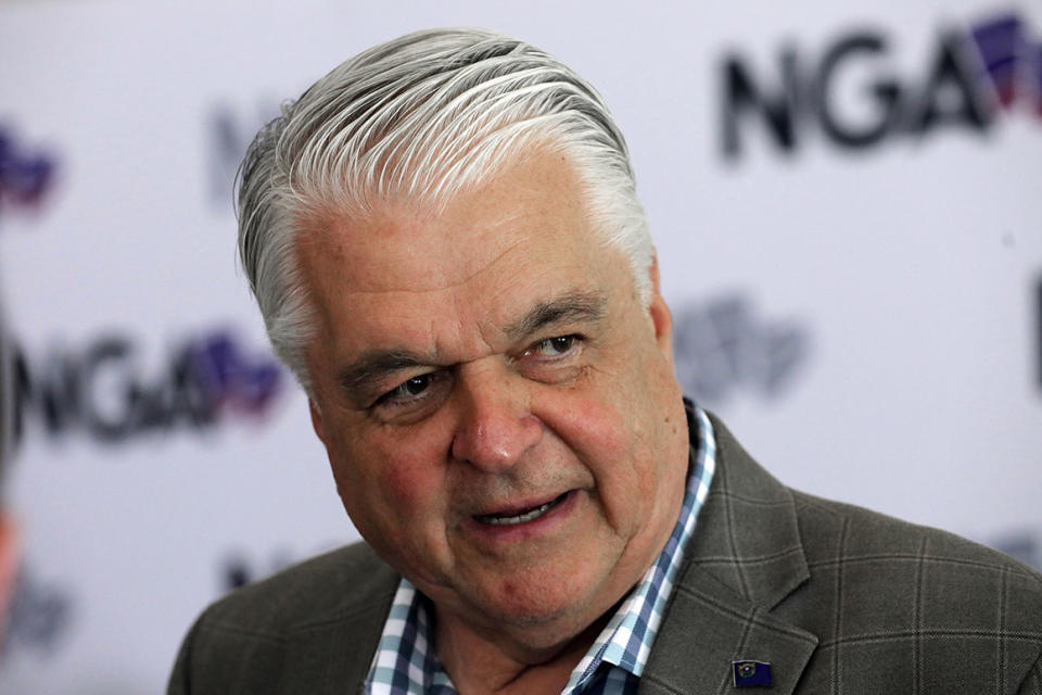 FILE - This July 24, 2019 file photo shows Nevada Gov. Steve Sisolak speaks during a news conference at the summer meeting of the National Governors Association in Salt Lake City. Sisolak is expressing outrage and vowing to tighten marijuana licensing oversight after reports that a foreign national contributed to two top state political candidates last year in a bid to skirt rules to open a legal cannabis store. Sisolak declared Friday, Oct. 11, 2019 there's been 