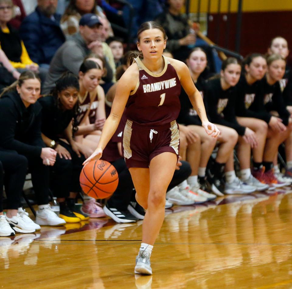 Brandywine senior Ellie Knapp dribbles the ball up the court during the MHSAA Division 3, District 78 girls basketball championship game against Constantine Friday, March 8, 2024, at Brandywine High School in Niles.
