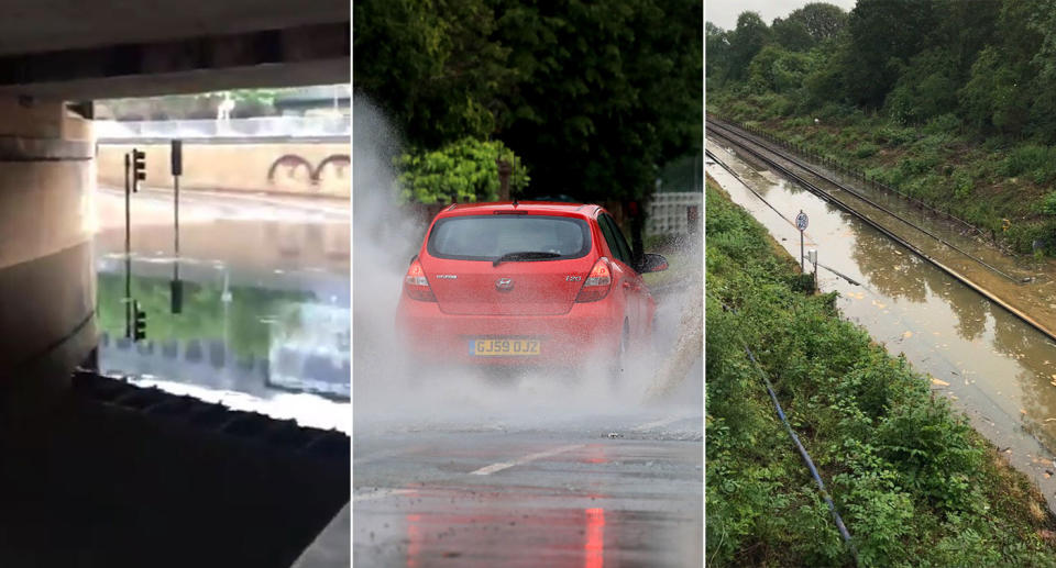 Train station approaches were left under huge puddles of water, along with stretches of rail track in south London. (PA)