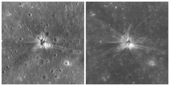 Two images showing the impact site of the Apollo 16 mission's S-IVB rocket stage, which hit the lunar surface in April 1972. Each image shows a swathe of the moon 1,300 feet (400 meters) wide; north is up.