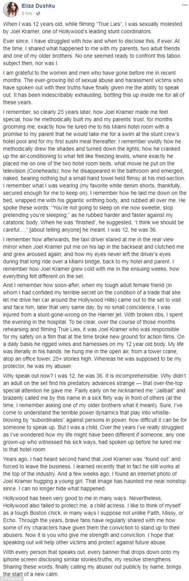 Eliza's lengthy post details an incident where she claims the stunt double rubbed against her. Source: Facebook/ElizaDushku