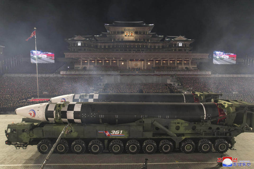 This photo provided by the North Korean government, shows what it says intercontinental ballistic missiles during a military parade to mark the 75th founding anniversary of the Korean People’s Army on Kim Il Sung Square in Pyongyang, North Korea Wednesday, Feb. 8, 2023. Independent journalists were not given access to cover the event depicted in this image distributed by the North Korean government. The content of this image is as provided and cannot be independently verified. Korean language watermark on image as provided by source reads: "KCNA" which is the abbreviation for Korean Central News Agency. (Korean Central News Agency/Korea News Service via AP)