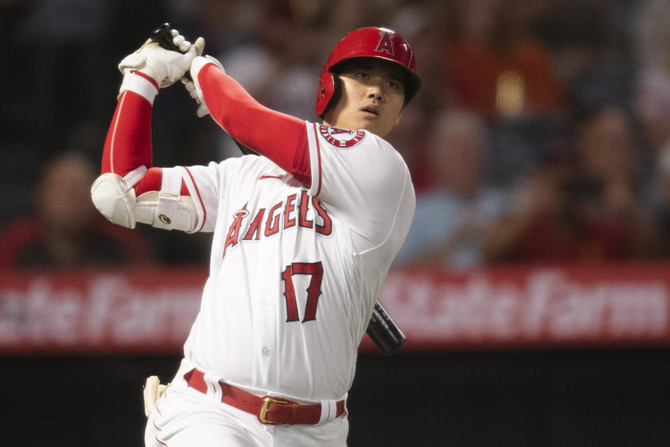 Los Angeles Angels' Shohei Ohtani during a baseball game against the Detroit Tigers in Anaheim, Calif., Saturday, June 19, 2021. (AP Photo/Kyusung Gong)