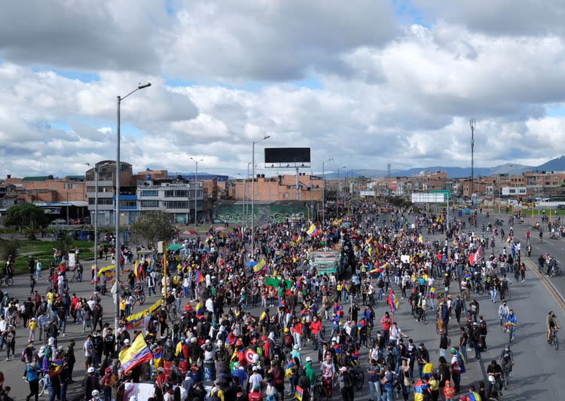 Demonstrators march during anti-government protests, as Colombia commemorates Independence Day, in Bogota