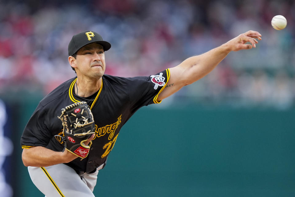 Pittsburgh Pirates starting pitcher Marco Gonzales throws during the first inning of an opening day baseball game against the Washington Nationals at Nationals Park, Monday, April 1, 2024, in Washington. (AP Photo/Alex Brandon)