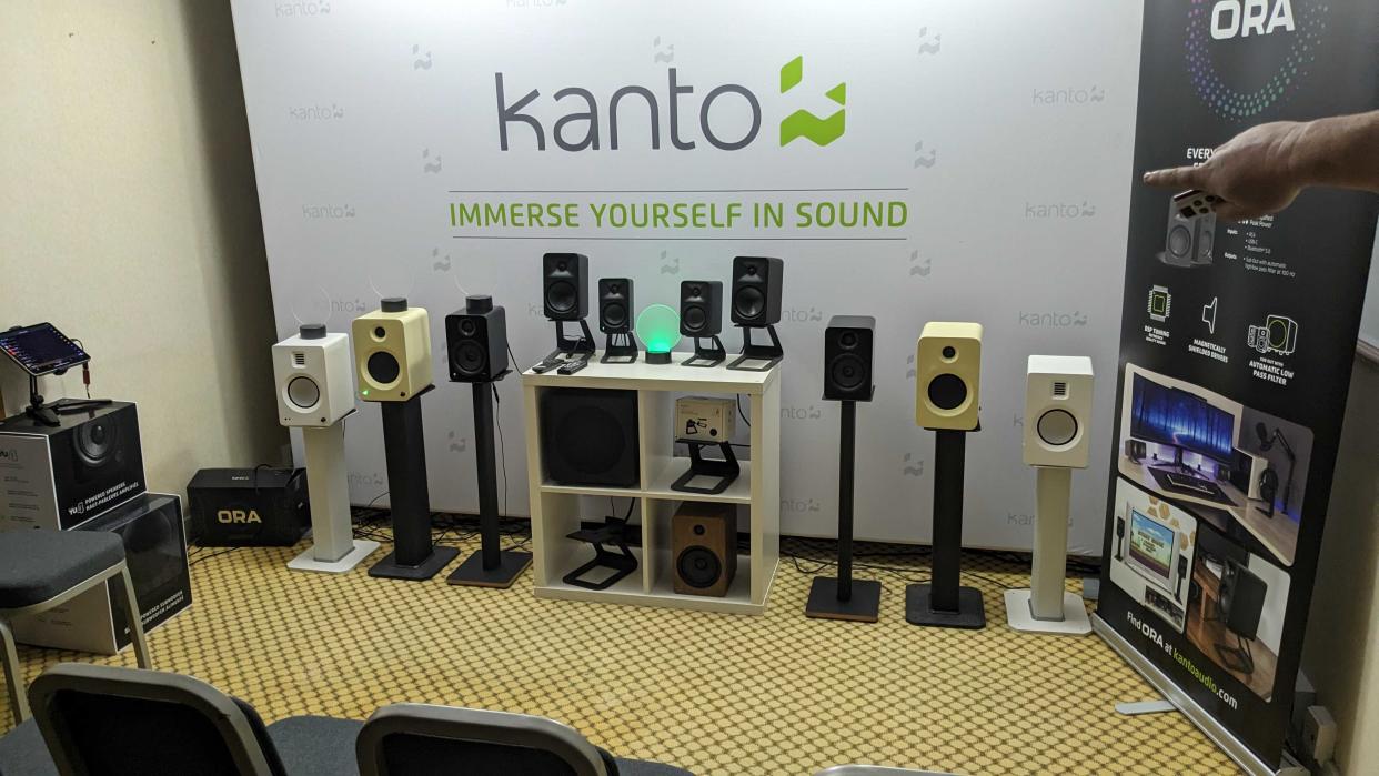  Kanto Audio Ren in a hi-fi room at Bristol Hi-Fi Show, with the company's entire lineup. 