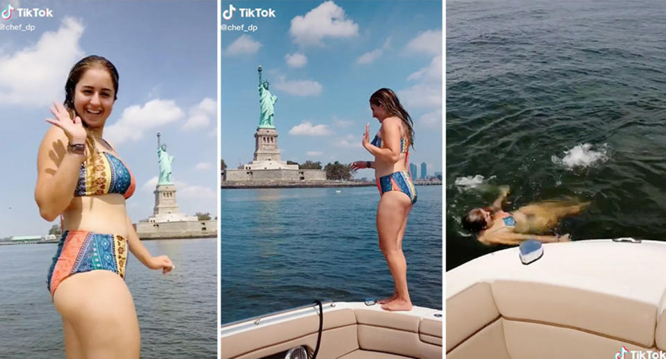 TikTok user Donna Paysepar was slammed on social media for sharing videos of herself jumping into the Hudson River. Source:  TikTok/chef_dp