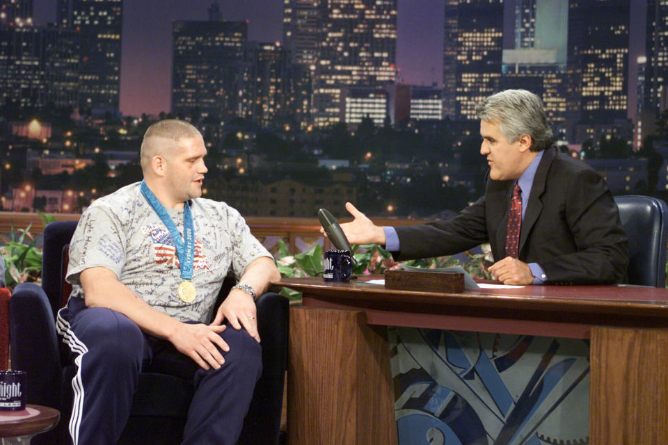 THE TONIGHT SHOW WITH JAY LENO -- Episode 1913 -- Pictured: (l-r) Olympic wrestler Rulon Gardner during an interview with host Jay Leno on October 4, 2000 -- (Photo by: Paul Drinkwater/NBCU Photo Bank/NBCUniversal via Getty Images via Getty Images)