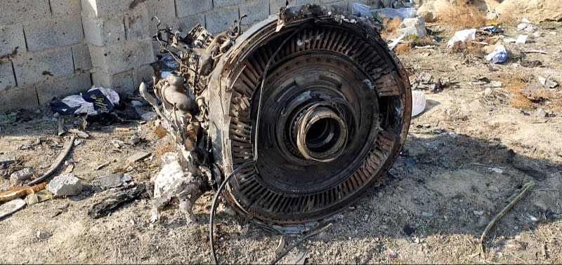 FILE PHOTO: General view of the debris of the Ukraine International Airlines, flight PS752, Boeing 737-800 plane that crashed after take-off from Iran's Imam Khomeini airport, on the outskirts of Tehran