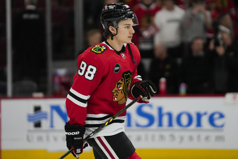 Chicago Blackhawks center Connor Bedard warms up for the team's NHL hockey preseason game against the St. Louis Blues on Thursday, Sept. 28, 2023, in Chicago. (AP Photo/Erin Hooley)