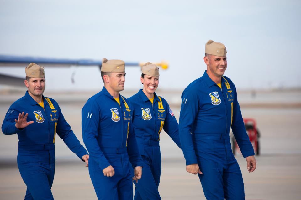 Blues Angels’ pilot Lt. Amanda Lee and her fellow teammates greet spectators after completing their last practice session on March 10th, 2023 prior to the Blues’ first public show the following day at  Naval Air Station El Centro, CA.