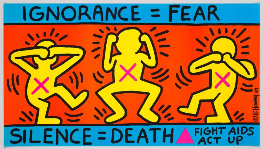 The Haring print “Ignorance=Fear, Silence=Death” was created for the AIDS Coalition to Unleash Power.