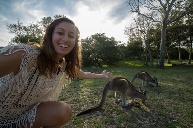 Woman traveling takes selfie portrait with kangaroos on background