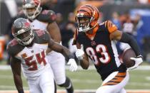 Oct 28, 2018; Cincinnati, OH, USA; Cincinnati Bengals wide receiver Tyler Boyd (83) runs against Tampa Bay Buccaneers linebacker Lavonte David (54) during the first half at Paul Brown Stadium. Mandatory Credit: David Kohl-USA TODAY Sports