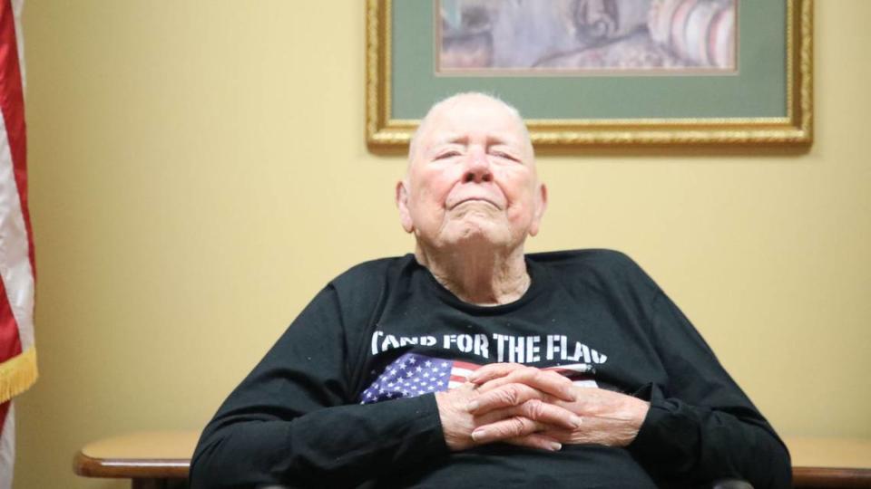 WWII veteran, U.S. Marine, and Purple Heart recipient, Paul Frederick basks in the fond memories of his 71-year marriage to his dearly departed wife on June 21, 2024, at the Thomasonhood Veterans Center campus in Wilmore, Ky.
