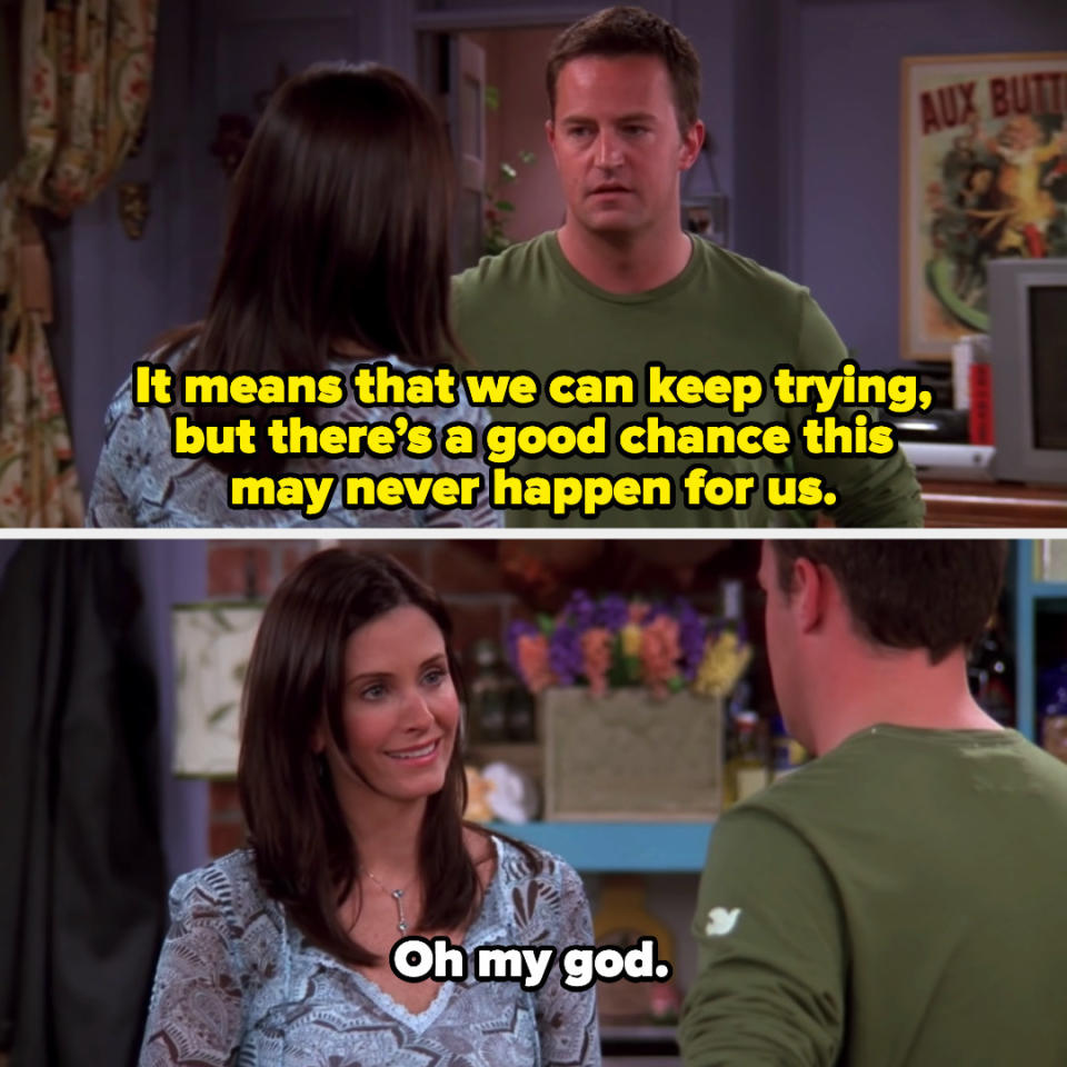 Chandler saying, "It means that we can keep trying, but there's a good chance this may never happen for us," and Monica responding, "Oh my god"