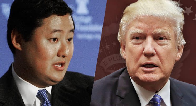 John Yoo, left, law professor at the University of California at Berkeley, and President Trump. (Photos: Mandel Ngan/AFP/Getty Images, AP)