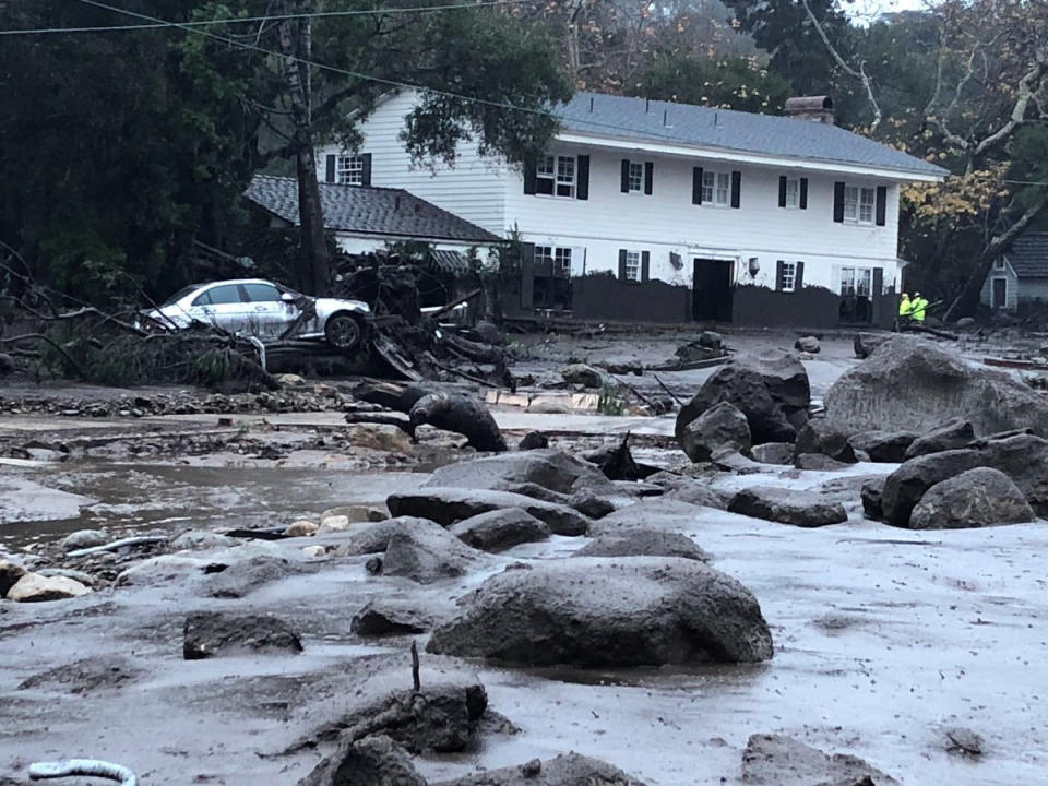 Mudslides damaged a home on Hot Springs Road in Montecito.