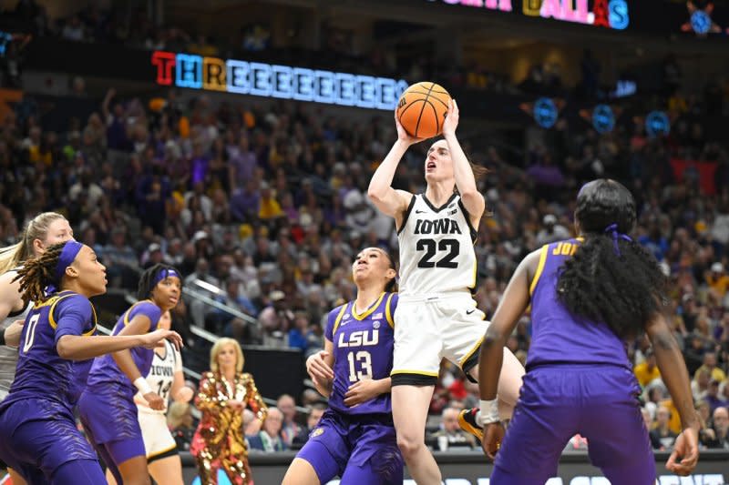 Guard Caitlin Clark led the Iowa Hawkeyes to a runner-up finish in the 2023 NCAA Division I women's basketball tournament. File Photo by Ian Halperin/UPI